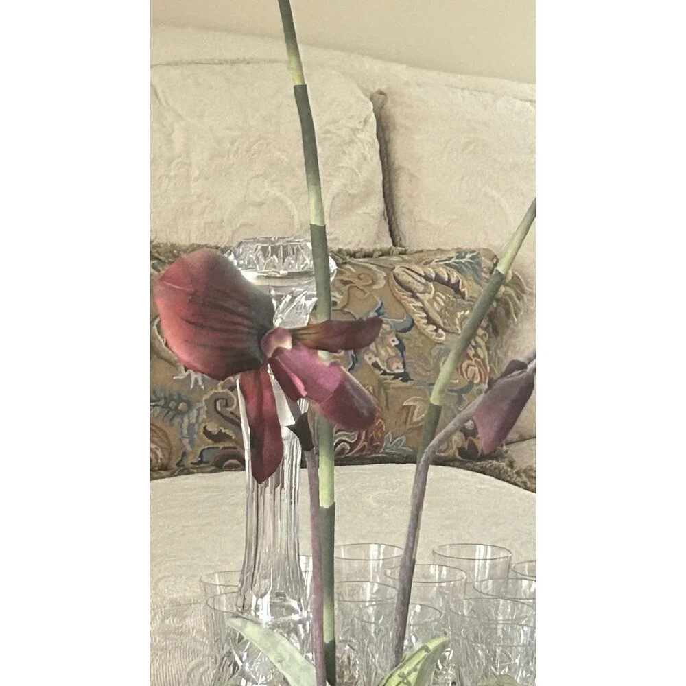 Pair Of Faux Burgundy Orchids in Chinese Resin Footed Bowl 21